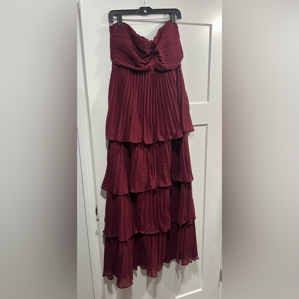 Strapless Pleated Tiered Maxi Dress Burgundy Wine Red